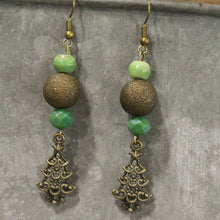 Load image into Gallery viewer, The Primitive Peddler Lighting Up The Christmas Tree Green Dangle Drop Earrings
