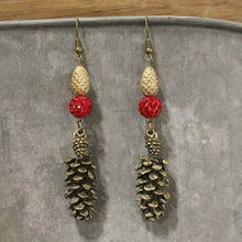 Load image into Gallery viewer, The Primitive Peddler Love For Cardinals & Pine Cones Dangle Earrings