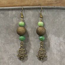 Load image into Gallery viewer, The Primitive Peddler Lighting Up The Christmas Tree Green Dangle Drop Earrings