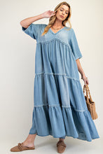 Load image into Gallery viewer, Easel Tiered & Washed Chambray Maxi Dress.