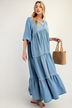 Load image into Gallery viewer, Easel Tiered & Washed Chambray Maxi Dress.