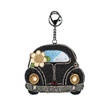 Load image into Gallery viewer, Mary Frances On the Road Black Car White Flower Coin Purse
