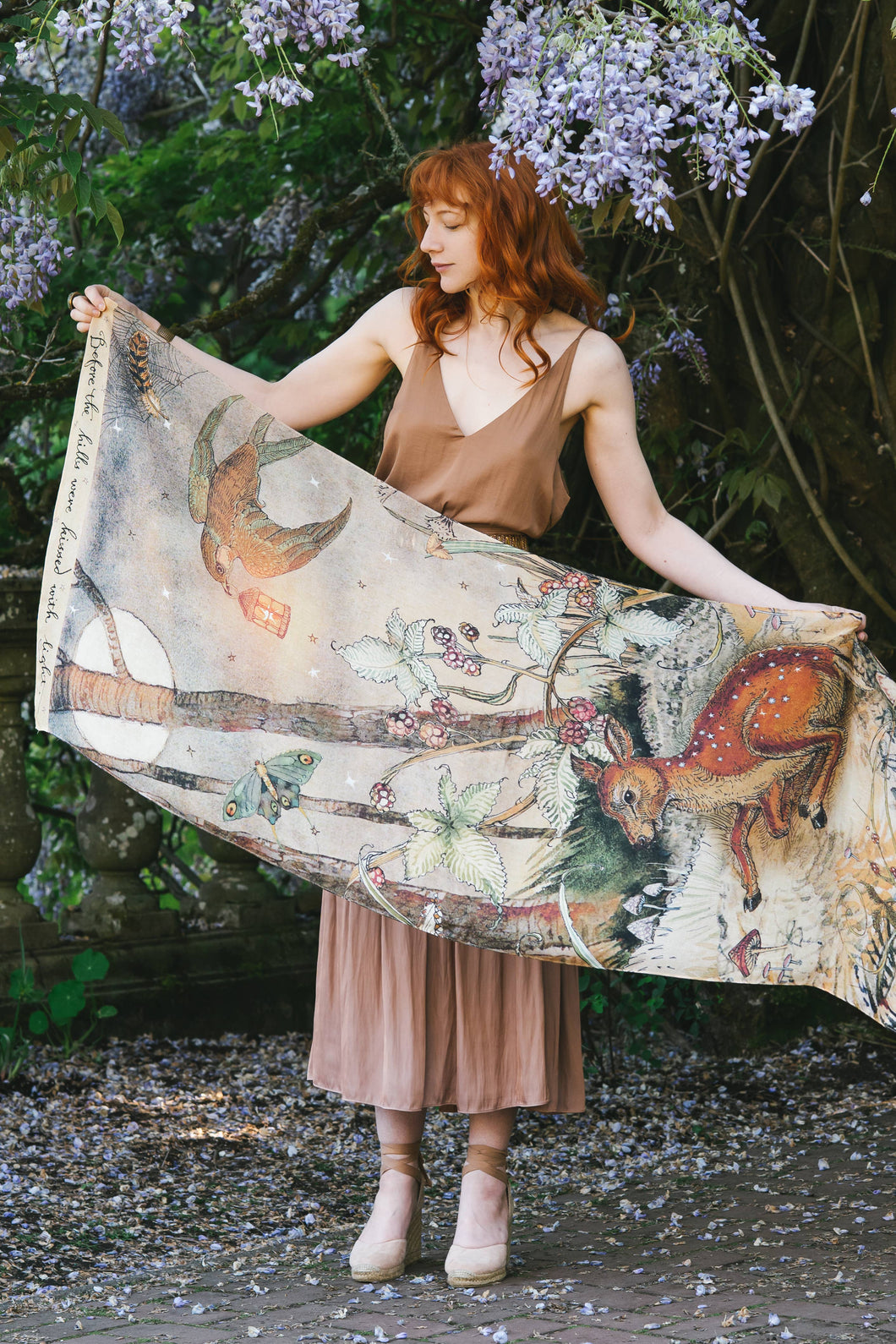 Market of Stars Lovelight Scarf with woodland deer, swallow & poetry