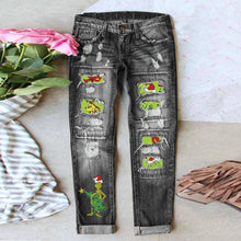 Load image into Gallery viewer, Suhkasana Women’s Distressed Straight Leg Jeans with Christmas
