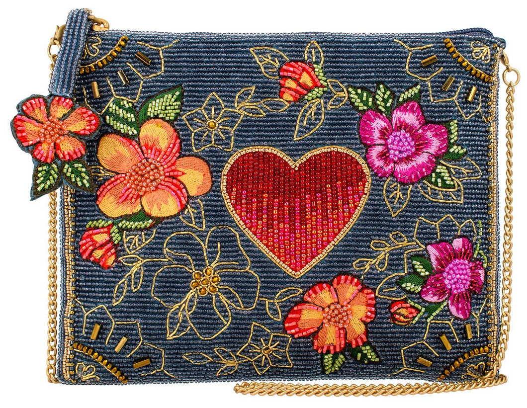 Mary Frances Love In Bloom Red Heart and Flowers on Blue Mini Crossbody