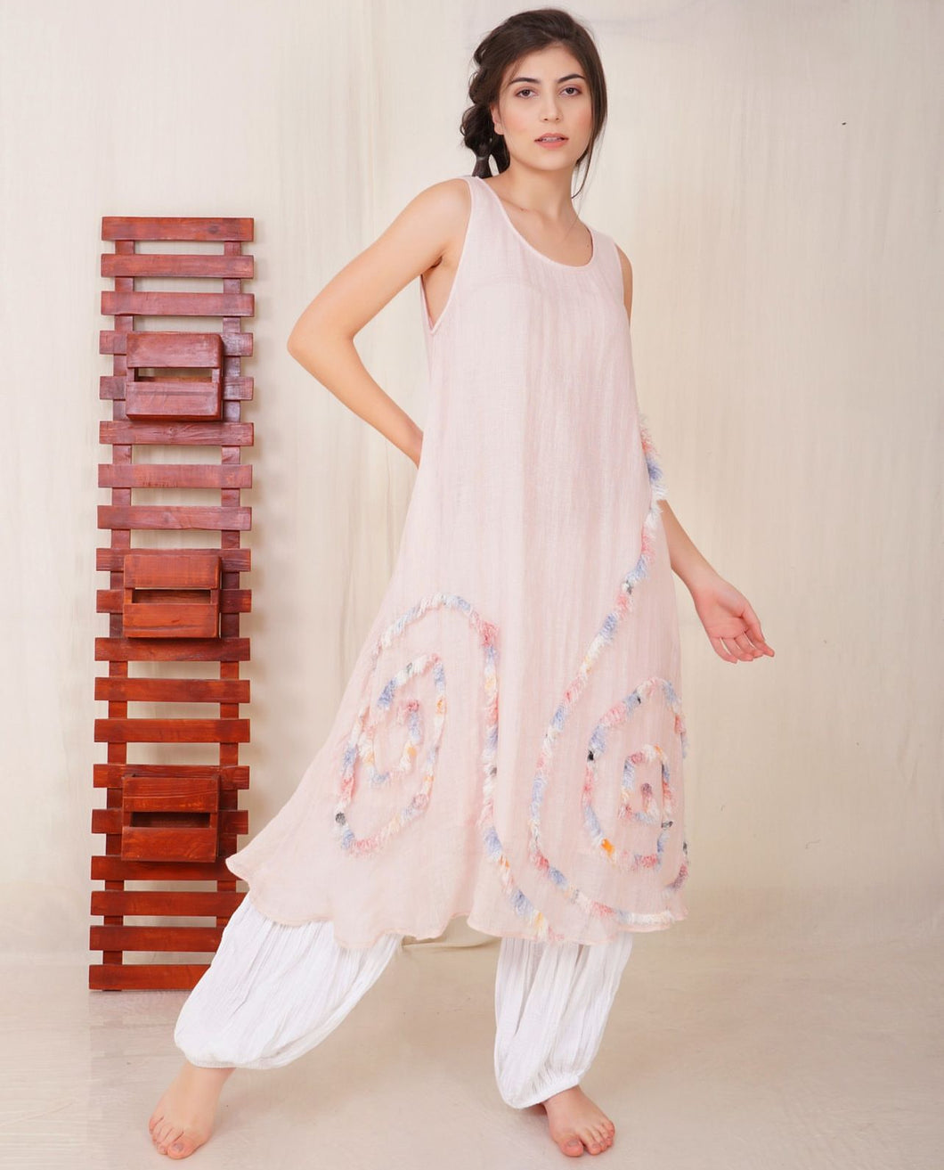 Paper Lace Linen Gauze Dress with Raw Edge Applique