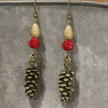 Load image into Gallery viewer, The Primitive Peddler Love For Cardinals &amp; Pine Cones Dangle Earrings

