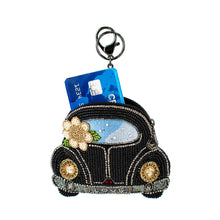 Load image into Gallery viewer, Mary Frances On the Road Black Car White Flower Coin Purse
