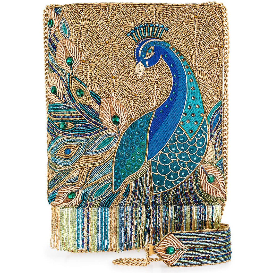 Mary Frances Peacock Feathers Beaded Blue Peacock Crossbody Handbag