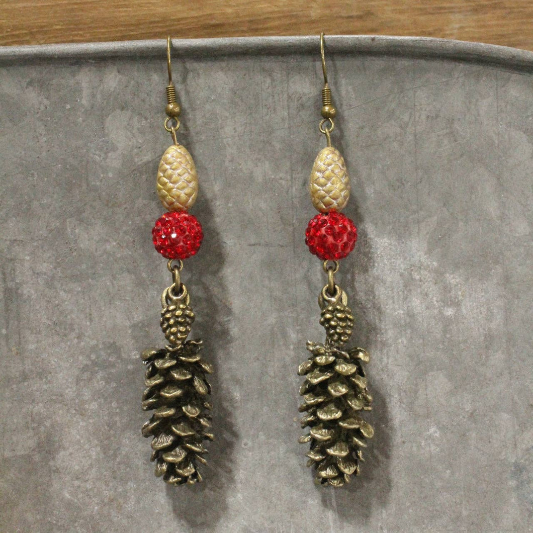 The Primitive Peddler Love For Cardinals & Pine Cones Dangle Earrings