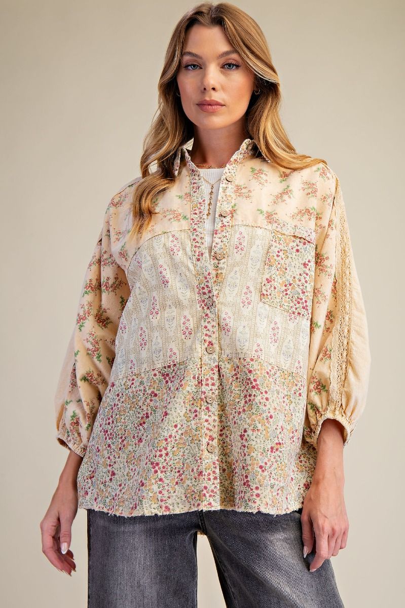 Easel Print Mix Washed Button Down Shirt