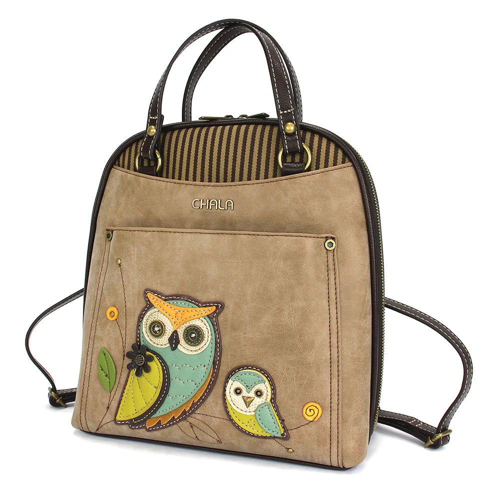Chala Convertible Backpack Purse Owls Taupe