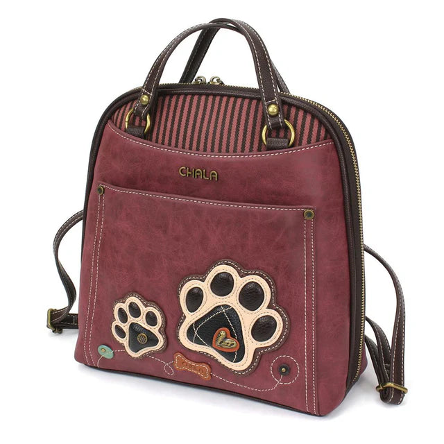 Chala Convertible Backpack Purse Pawprint Burgundy