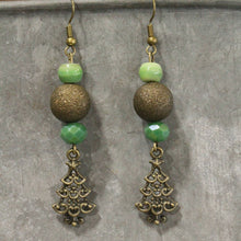 Load image into Gallery viewer, The Primitive Peddler Lighting Up The Christmas Tree Green Dangle Drop Earrings
