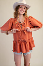 Load image into Gallery viewer, Easel Bow Front Denim Peplum Top
