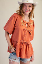 Load image into Gallery viewer, Easel Bow Front Denim Peplum Top
