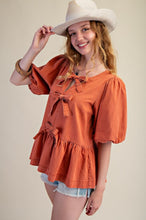 Load image into Gallery viewer, Easel Bow Front Denim Peplum Top

