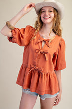 Load image into Gallery viewer, Easel Bow Front Denim Peplum Top
