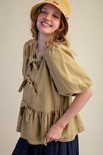 Load image into Gallery viewer, Easel Bow Front Denim Peplum Top
