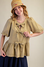 Load image into Gallery viewer, Easel Bow Front Denim Peplum Top
