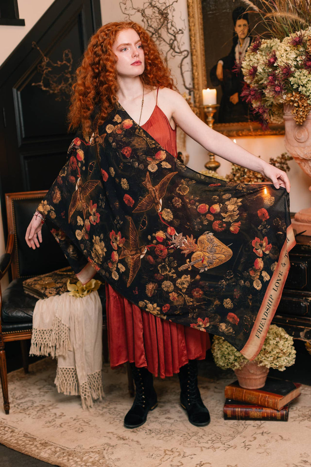 Market of Stars Heart of Gold Scarf with Swallows & Sacred Heart