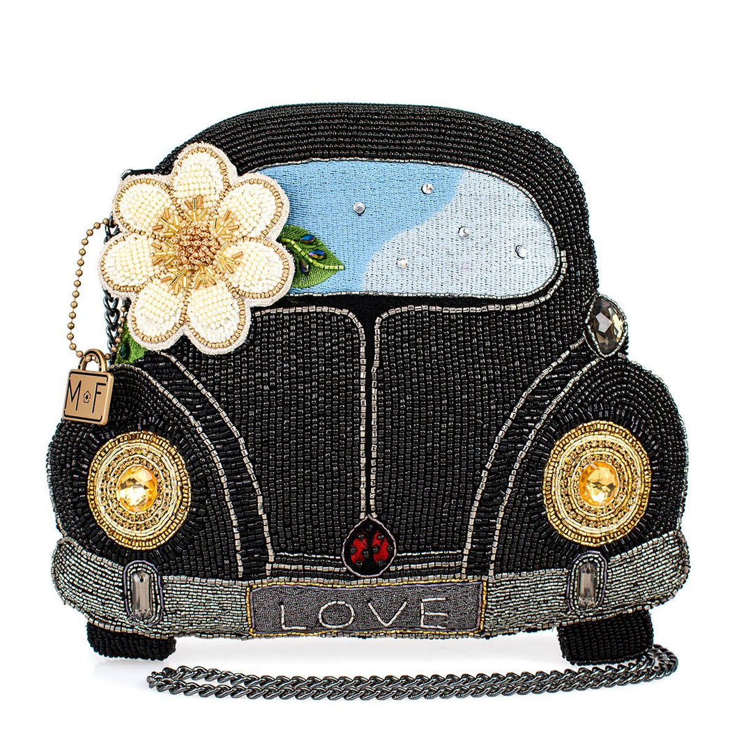 Mary Frances On the Road Black Car White Flower Beaded Crossbody Handbag