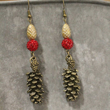 Load image into Gallery viewer, The Primitive Peddler Love For Cardinals &amp; Pine Cones Dangle Earrings
