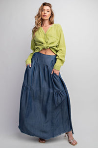 Easel Frayed Bottom Wash Denim Maxi Skirt