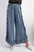 Easel Washed Ruffle Chambray Loose Fit Pants