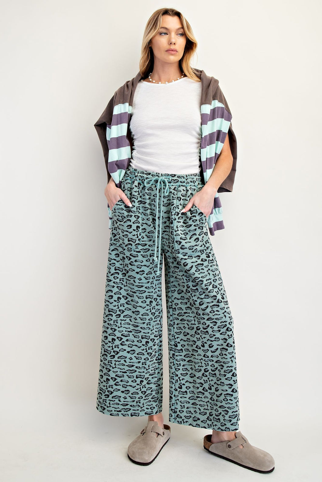 Easel Animal Print Mineral Washed Terry Knit Pants