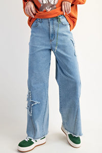 Easel Star Patch Detailing Washed Stretch Denim Pants