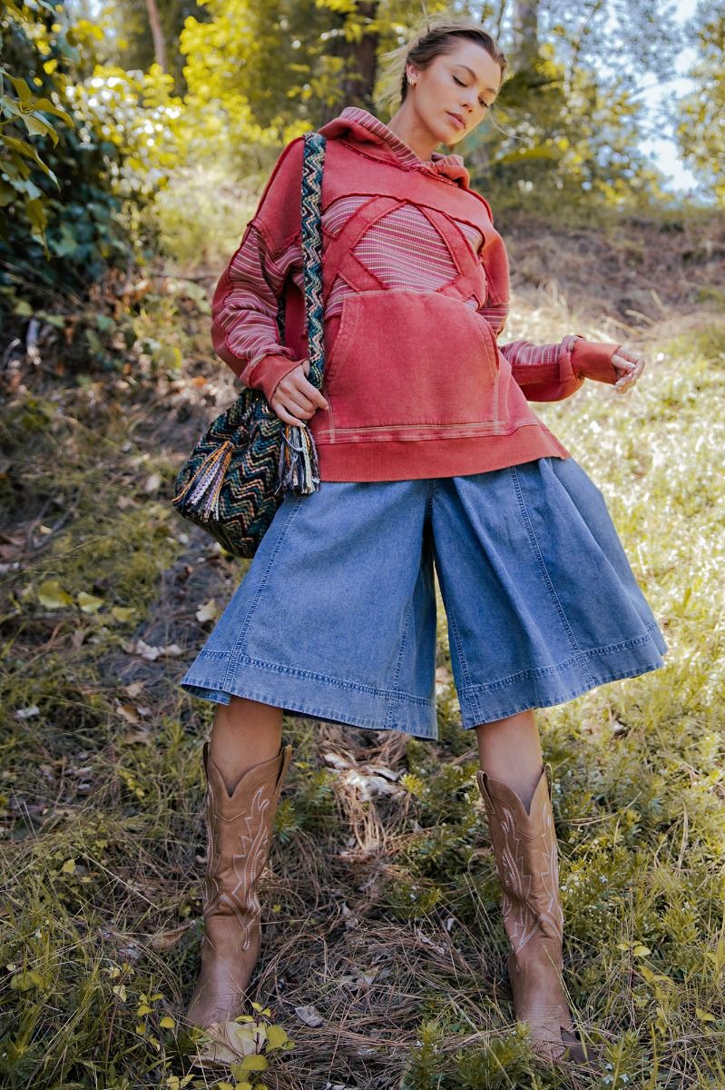 Easel Washed Denim Knee Length Skirt Pants