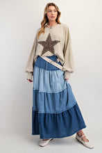 Load image into Gallery viewer, Easel Color Mix Tiered Maxi Denim Skirt
