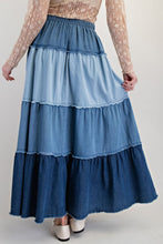 Load image into Gallery viewer, Easel Color Mix Tiered Maxi Denim Skirt
