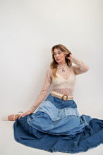 Load image into Gallery viewer, Easel Color Mix Tiered Maxi Denim Skirt
