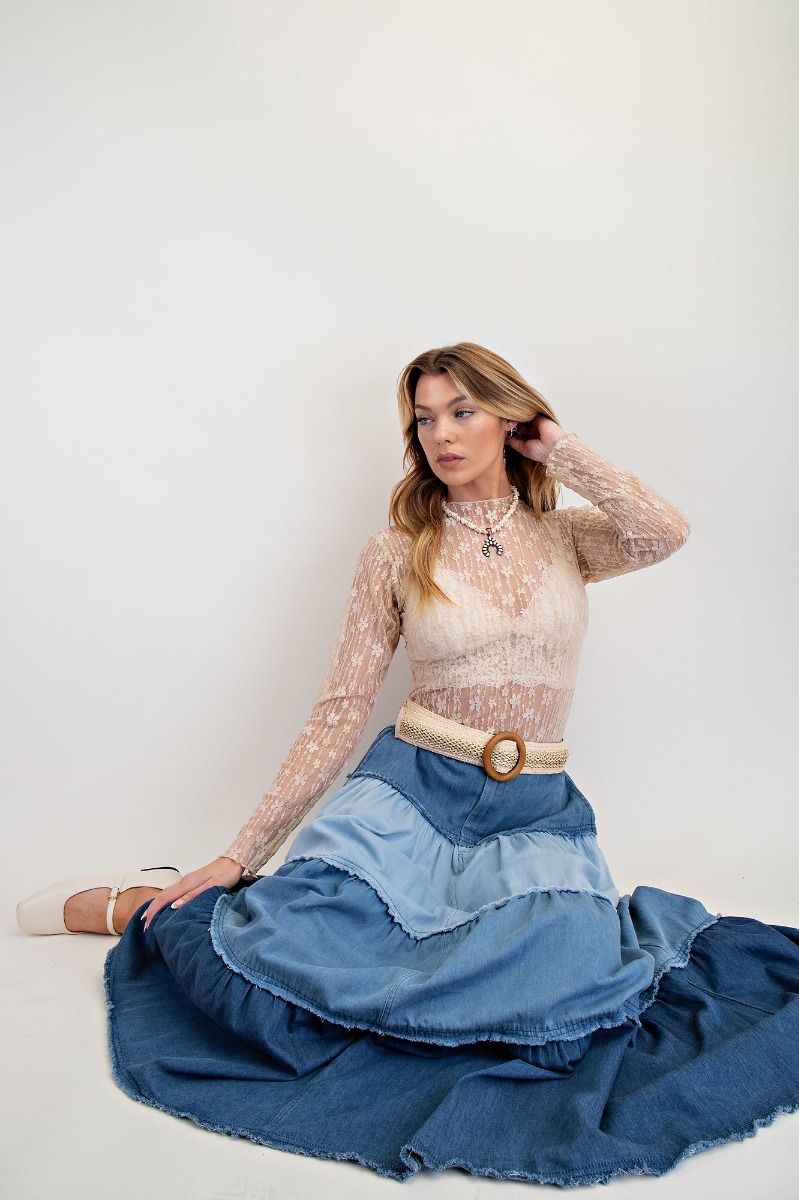 Easel Color Mix Tiered Maxi Denim Skirt