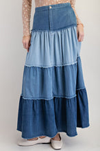 Load image into Gallery viewer, Easel Color Mix Tiered Maxi Denim Skirt
