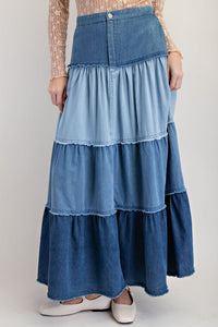 Easel Color Mix Tiered Maxi Denim Skirt