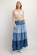 Load image into Gallery viewer, Easel Color Mix Tiered Maxi Denim Skirt
