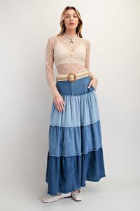 Easel Color Mix Tiered Maxi Denim Skirt