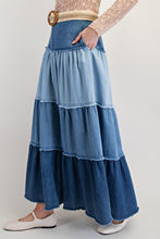 Load image into Gallery viewer, Easel Color Mix Tiered Maxi Denim Skirt

