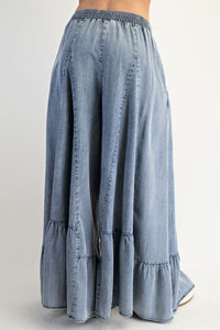Easel Ruffle Bottom Hem Washed Denim Palazzo Pants
