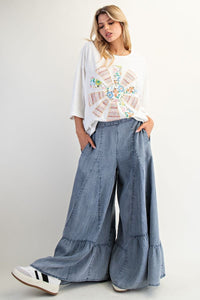 Easel Ruffle Bottom Hem Washed Denim Palazzo Pants