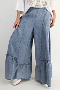 Easel Ruffle Bottom Hem Washed Denim Palazzo Pants