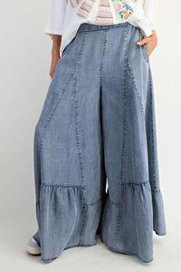 Easel Ruffle Bottom Hem Washed Denim Palazzo Pants