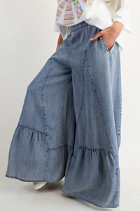 Easel Ruffle Bottom Hem Washed Denim Palazzo Pants