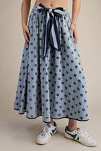 Load image into Gallery viewer, Easel Tie Waisted Polka Dot Linen Flare Maxi Skirt
