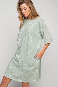 Easel Washed Terry Smiley Face Dress