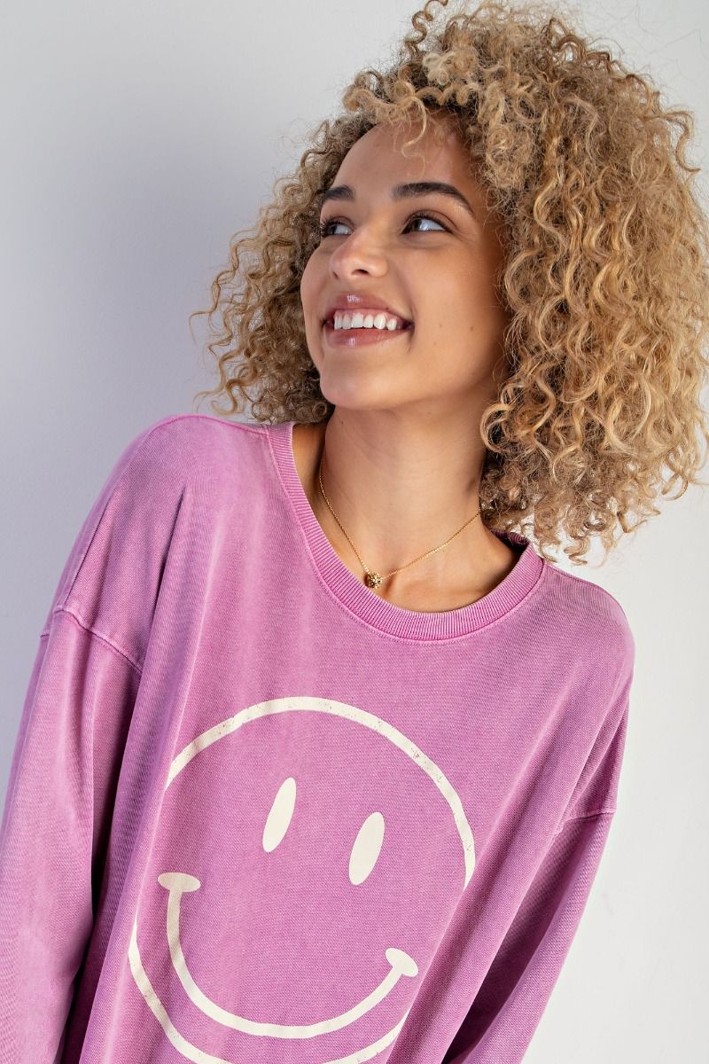 Smiley Face Sweatshirt Mineral Wash Terry Crew Neck Sweater-Magenta Purple