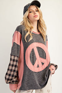 Easel Layered Peace Patch Thermal Knit Mineral Washed Pullover